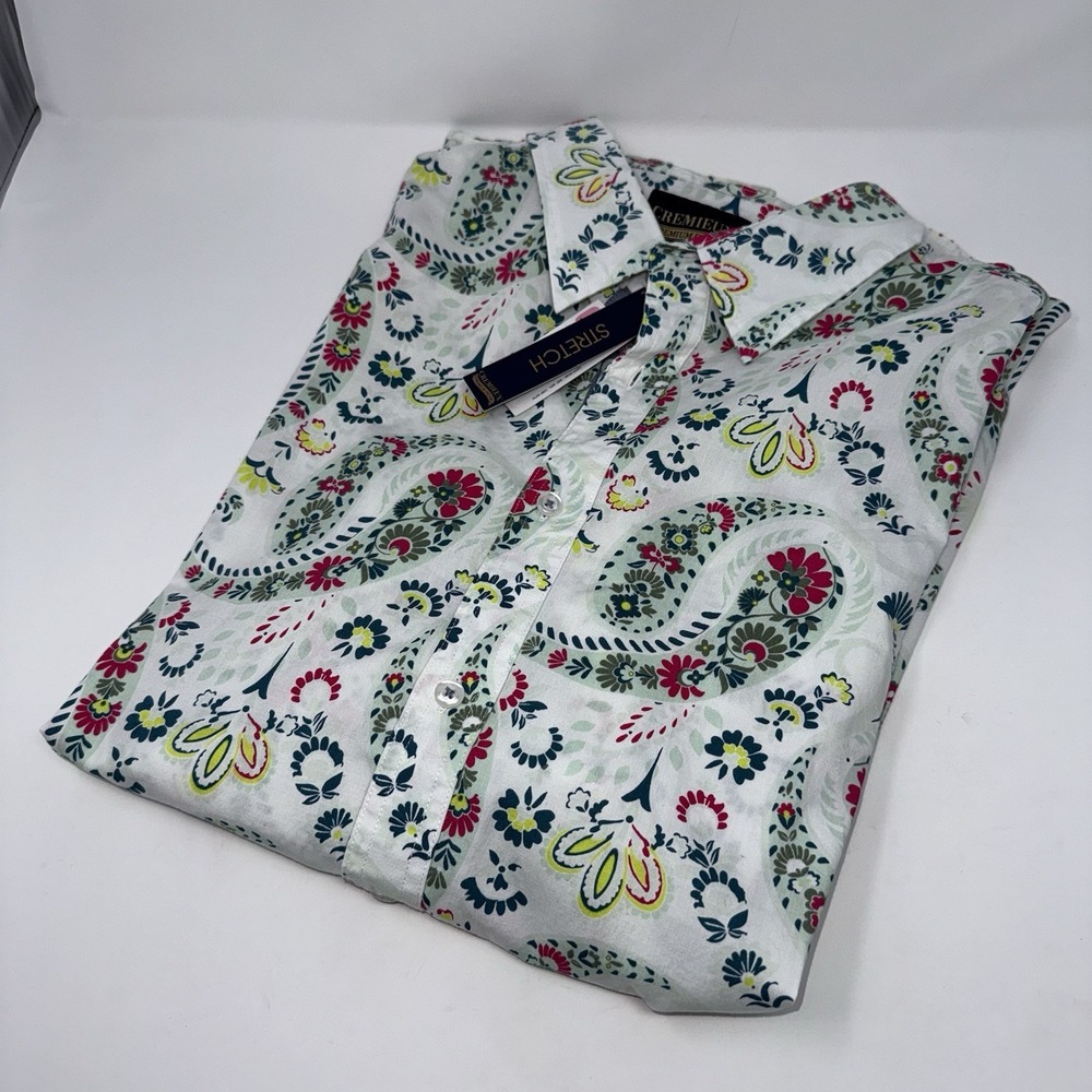 NWT Cremieux Premium Denim Mens Floral Paisley Button-Down Shirt XXL White